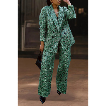Conjunto de pantalón formal de talla grande con blazer de solapa con estampado verde, conjunto de pantalón de dos piezas
