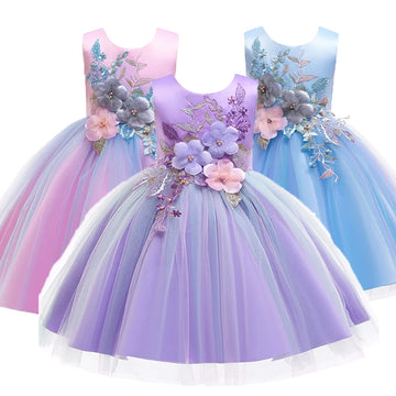 Robe de princesse en tulle brodée de fleurs pour filles, sans manches, robe de bal, robe de soirée pour tout-petits