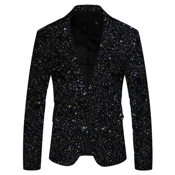 Chaqueta de traje con lentejuelas estampadas para hombre, con solapa y bolsillos, ideal para discotecas, de botonadura sencilla y manga larga, color negro.