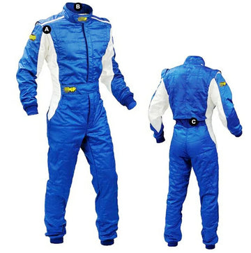 Blue and White Racing Suit with Elastic Cuffs and Reinforced Stitching