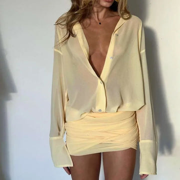 Fashion Shirt Dress Women's Sexy Lapel Slim Hip Single Breasted Short Dress New Pleated See-through Dress Vestidos