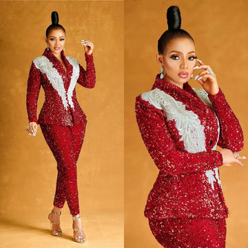 Sequined Women Pants Suits 2 Pcs Plus Size Lace Appliques Blazer Customized Wedding Guest Dress Evening Party Prom Blazer Outfit
