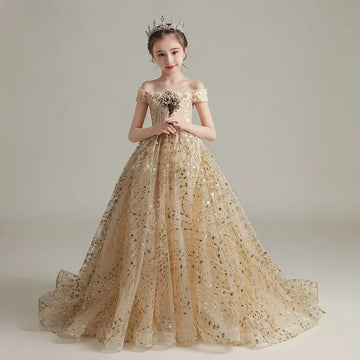 Vestido de dama de honor para boda de niñas de flores, dorado, para fiesta de Halloween, elegante, con hombros descubiertos y bordado