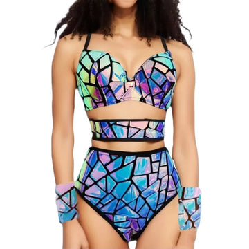 Bar Nightclub Sexy Stage Wear Purple Blue Laser Sequins Bikini Pole Dance Outfit Women Dancer Singer Mirror Performance Costume