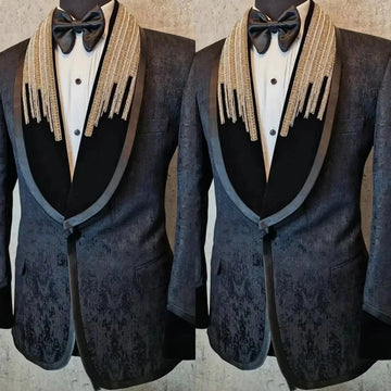 Fashion Beaded Wedding Tuxedos Black Jacquard One Button Men Suits Shawl Lapel 1 Piece Set Jacket Groom Blazers Customized