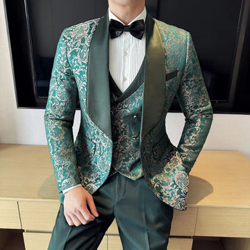 Men's British Style Business Casual Three-Piece Suit Vest Trousers High-Density Jacquard Wedding Dress