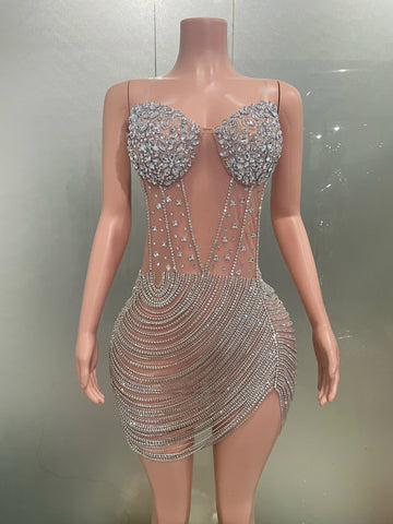 Vestido tubo de malla sin tirantes, sexy, con borlas y cadena de diamantes de imitación brillantes, para mujer, ideal para fiestas de cumpleaños y escenarios nocturnos.