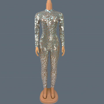 Sparkly Silver Sequins Mirrors Jumpsuit Sexy Women Night Party Stage Performance Wear High-end Tight Fitting Jumpsuit