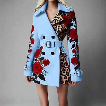 Nuevos trajes de primavera para mujer con estampado de leopardo y rosas, elegantes abrigos ajustados de manga larga para oficina, ropa con cinturón para mujer, color blanco