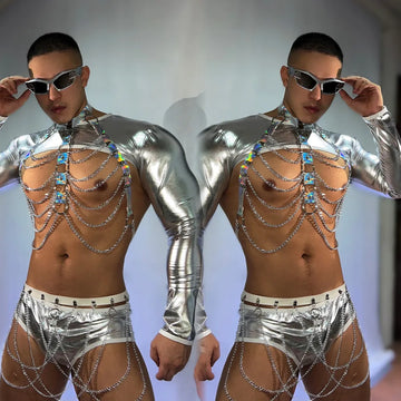 Disfraz sexy de DJ Gogo para baile en barra, club nocturno, bar, tops con láser plateado, pantalones cortos, cadenas en la cintura, atuendo rave, ropa para fiesta, espectáculo y actuación.