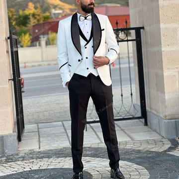 Trajes de boda formales para hombre, blanco y negro, 3 piezas, chaqueta, pantalón, chaleco, ropa masculina, elegante, para banquetes y negocios.