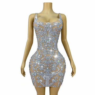 Mini robe de créateur à strass argentés pour femmes, sexy, dos nu, en maille, luxueuse, tenue de soirée, de fête d'anniversaire, de spectacle, de scène