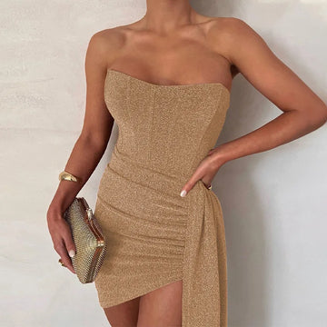 Women Solid Dress Strapless Bright Silk Asymmetric Skirt Hem Dress Sexy Luxury Evening Skirt Fit Hip Wrap Skirt Y2k Dress
