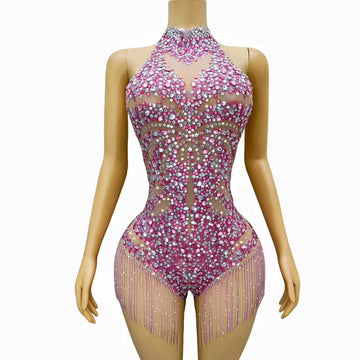 Justaucorps sexy rose scintillant avec strass et cristaux, chaînes et franges, tenue de soirée, d'anniversaire, dos nu, pour séance photo, danse en boîte de nuit