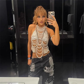 Handmade Beaded Pearl Strap Vest Women's Outerwear Cross-Border New Style Spicy Girl Top Fashionable Casual Comfortable