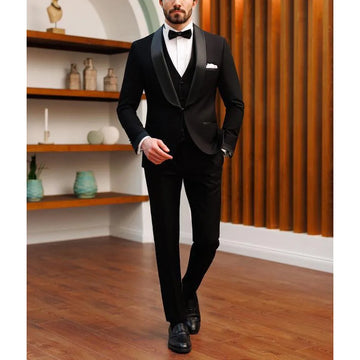 Black Men Suits 3 Piece Elegant Shawl Lapel One Button Male Suit Prom Party Formal Wedding Groom Tuxedo (Blazer+Vest+Pants)