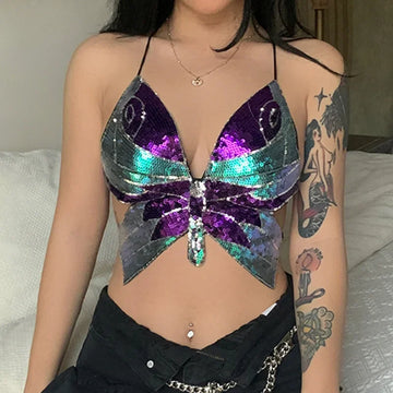 Shiny Butterfly Color Block Sequin Women's Crop Top Strapless Vest Halter Neck Tie Back Bodice Polyester Blend Casual Wear