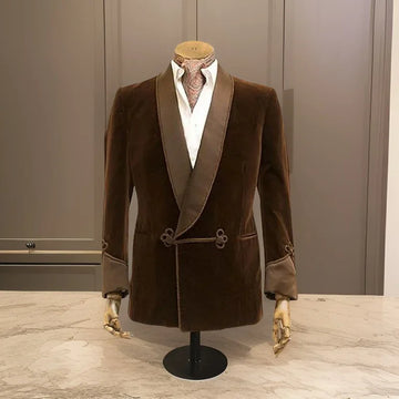 1 Pc Brown Velvet Smoking Jacket with Double Breasted Men Blazer for Wedding Groom Prom Single Coat Male Fashion Costume