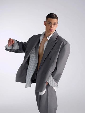 Oversized Grey Blazers for Men Peaked Lapel Shoulder Pads Double Breasted