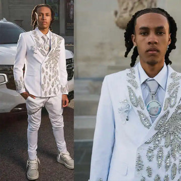 Luxury Beaded Wedding Tuxedos 2 Piece Set Jacket Pants Single Breasted Men Suits White Crystal Groom Wear Party Suit Customized