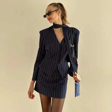 Conjunto de blazer a rayas, minifalda y abrigo para mujer, con solapa, bufanda, chaqueta, falda corta, 2 piezas, para oficina, primavera