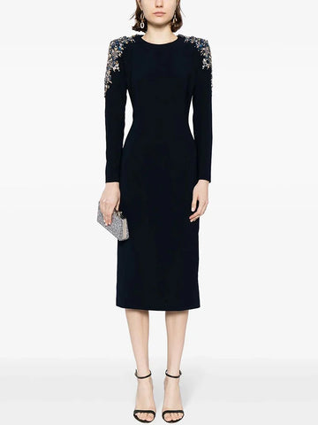 Designer Fashion Women's Long Sleeve Rhinestone Diamonds Beaded Midi Dress