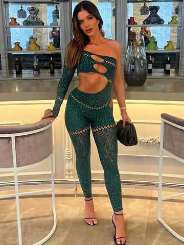 Sibybo - Mono sexy de un solo manguito rotador con agujeros y elástico alto, pantalones de color sólido con pedrería luminosa, ropa de calle para chica picante