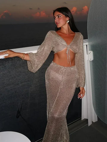 Solid Colour Sexy Beachwear Swimsuit Cover Up Knit Two-piece Summer Women's Big Bell Sleeve Lace-up Top Long Skirt Set