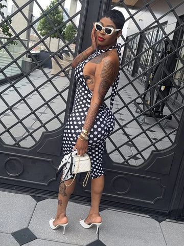 Classic Dot Printed Women Playsuits Summer Trend Panelled Halter Sleeveless Slim Rompers Mujer Hotsweet Street Clubwear