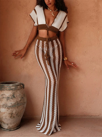 Striped Short Sleeve Crochet Knitted 2 Pieces Suits Beach Cover Up Cover-ups Beach Dress Beach Wear Beachwear Female Women