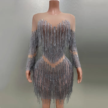 Robe fourreau sexy à manches longues et pompons gris argenté scintillants, tenue de soirée, de spectacle, de discothèque, de chanteur ou de danseuse