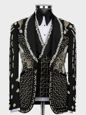 Luxury Wedding Men Suits Crystal Beading Stone Groom Tuxedo Customized 3 Pieces Sets Formal Male Prom Blazers Party Ropa Hombre