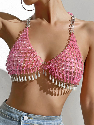 Sexy Pink Halter Metal Rhinestone Corset Crop Top Women Summer See Through Beach Party Club Tank Top Y2k Womens Tops Rave Outfit
