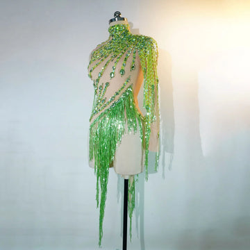 New Sparkly Tassels Dress for Women Sexy Mesh Perspective Party Club Dance Costume Singer Dancer Vestido Stage Show Girl Costume