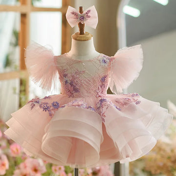 Nuevo vestido para niña pequeña, vestido para fiesta de cumpleaños, exquisito y único, falda de pastel con mangas abullonadas
