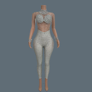 Sexy Sparkly Crystal See Through Mesh Sleeved Jumpsuit Party Celebrate Spandex Leggings Women Dance Photograph Wear