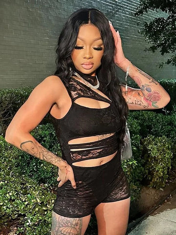 Lace Patchwork Women Playsuits Summer Solid Coquette See Through Hollow Sleeveless Skinny Rompers Female Sexy One Piece
