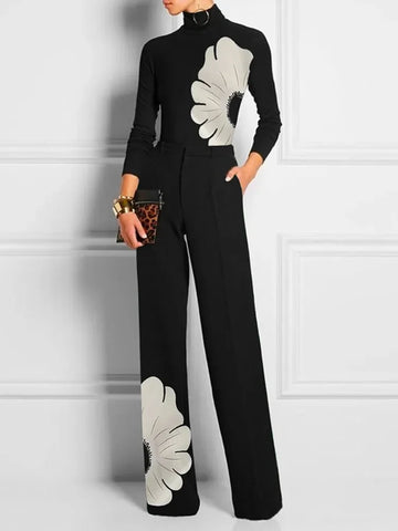 New Women's Two Piece Sets Elegant Floral Printed Long Sleeves High Neck T-shirts & High Waist Straight Leg Pants
