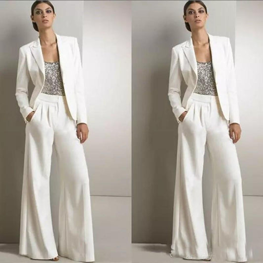 Ensemble 2 pièces blanc pour femme, blazer et pantalon large, smoking chic pour mariage, robe de bal ample, sur mesure
