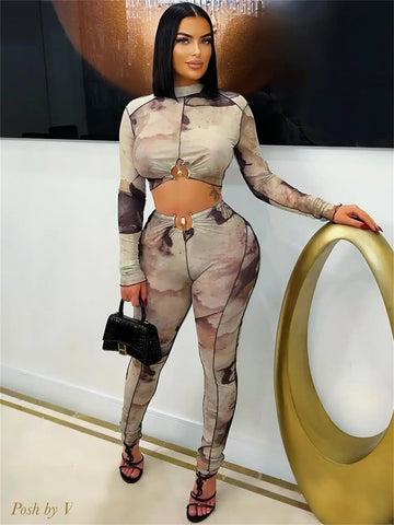 Women's Set Full Sleeve Tie Dye Print T-Shirt + Pencil Pants Suits Spring Street Two 2 Piece Set Outfit Tracksuits