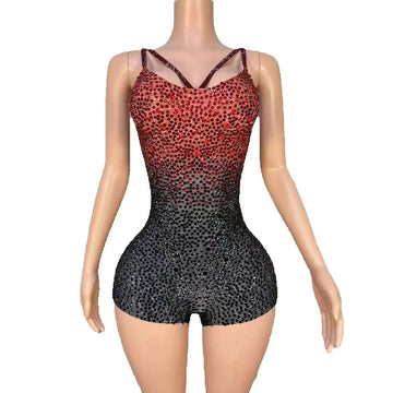 Sparkly Black Red Rhinestones Bodysuit for Women Sexy Sleeveless Nightclub Performance Dance Costume Stage Photoshoot Wear