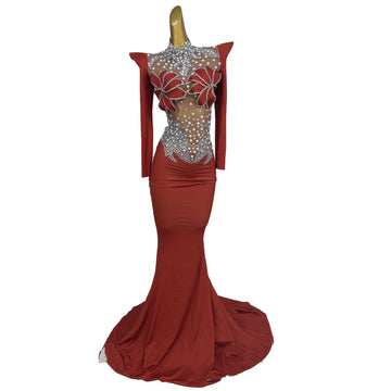 Sexy Shiny Rhinestones Pearls Party Dress Women's Evening Trumpet Dresses Stage Celebrate Gogo Costume Festival Outfits