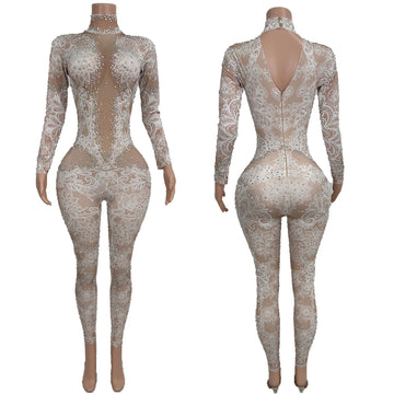 Sparkly Crystals See Through Mesh Printing Jumpsuit Nightclub Party Dance Outfit Tight Fitting Jumpsuit Sexy Women Wear