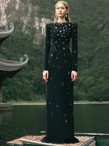 Newest Fashion Women's Rhinestone Diamonds Beaded Long Maxi Dress