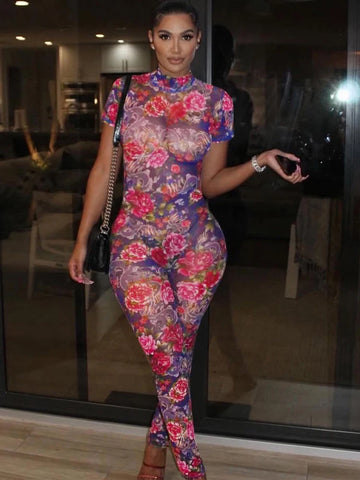 Aesthetic Printed Women Jumpsuits Fashion Sexy Panelled Short Sleeve Backless Stand Collar Slim Overalls Mujer Clubwear