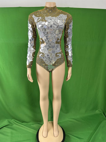 Women Gold Sequin Rhinestone Sparkly Long Sleeve DJ DS Gogo Queen Bodysuits Party Celebrate Rave Show Outfits New Year