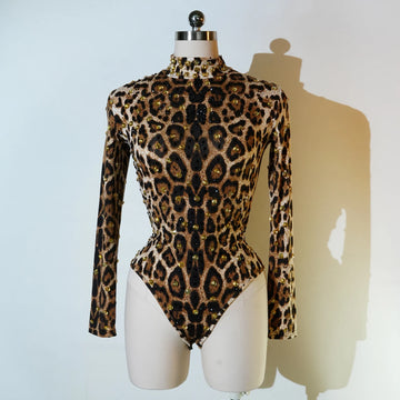 Rhinestones Bodysuits Sexy Leopard Print Rompers for Women High Collar One Piece Bodycon Female Performance Pole Dance Costumes