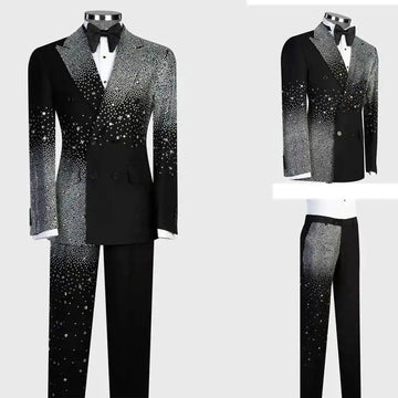 Sparkly Men's Suits 2-Piece Beads Blazer Peaked Lapel Double Breasted Wedding Slim Fit Diamonds Custom Made Plus Size