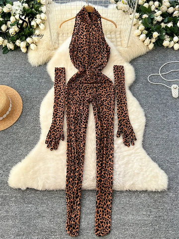 Fashion Leopard Print Sexy Jumpsuits Ladies Stand Collar Long Gloves Streetwear Sheath Flocking Long Playsuits