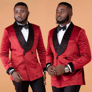 Modern Velvet Men Suit 2 Pieces Red Blazer Tuxedo Single Breasted Lapel Slim Fit Wedding Groom Prom Customized Costume Homme